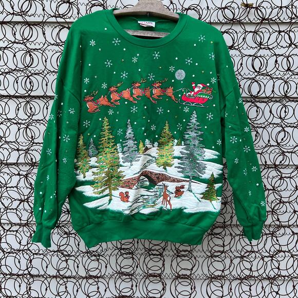Vintage 90s Nutcracker Santa Scene Green Ugly Christmas Sweatshirt - Picture 1 of 6